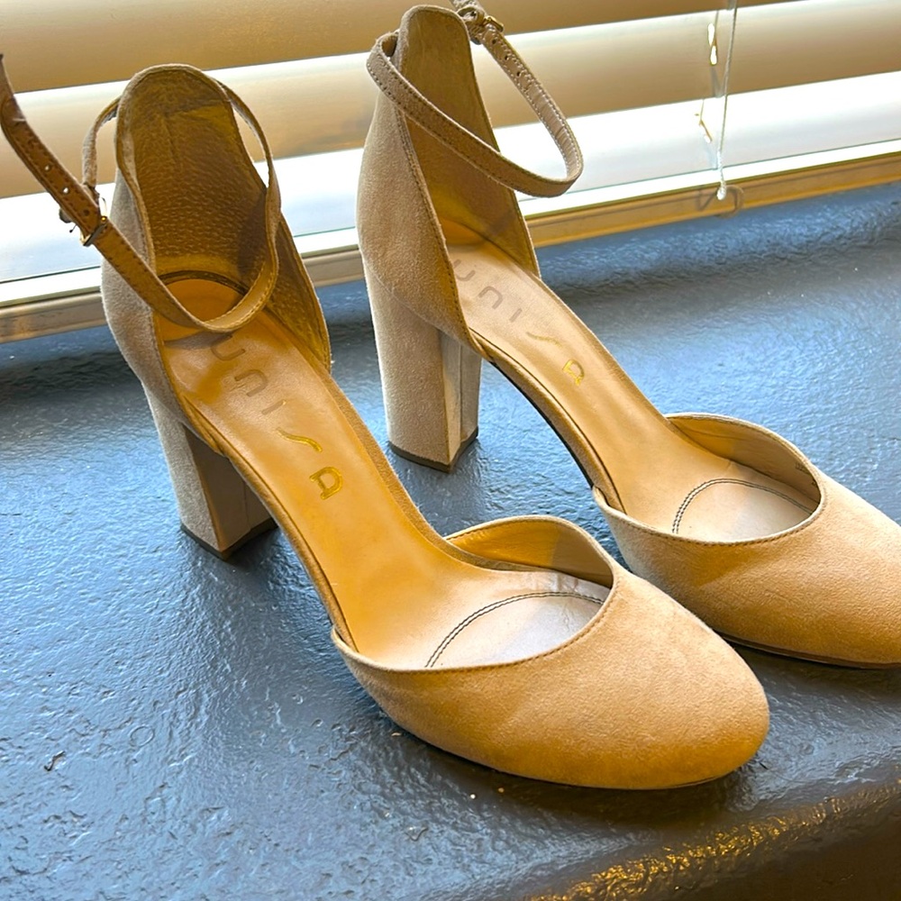 Beige, ankle strap suede heels with block heel